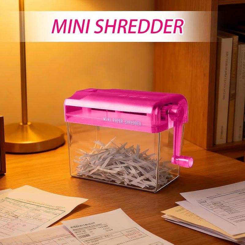 Pink Portable Hand Crank Paper Shredder for Home Office Credit Card Document Mail - Image 2